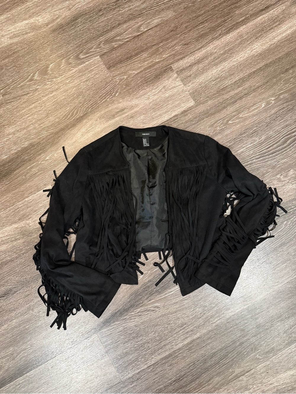 Forever 21 Black Fringe Suede Open Jacket